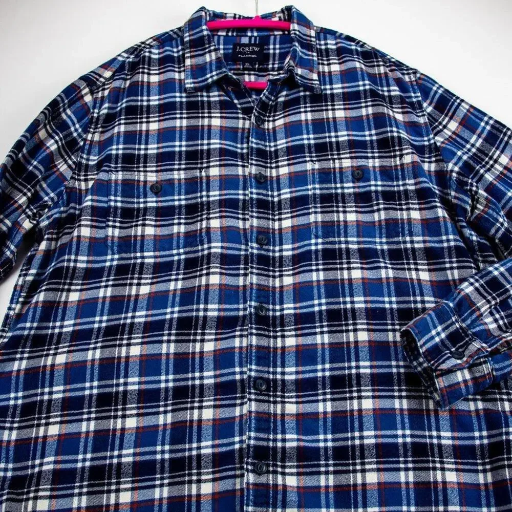 Men’s XL Flannel Shirt Blue Plaid 100% Cotton Long Sleeve Button Up J.Crew